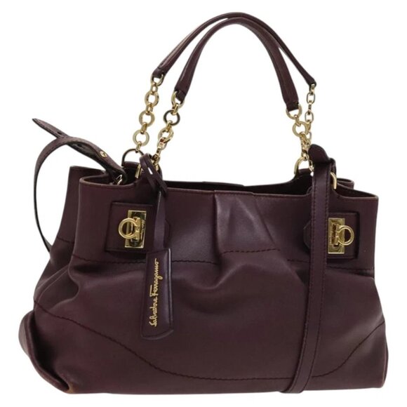 Salvatore Ferragamo Gancini Chain Hand Bag Leather 2way Purple Gold Auth BA1705 - Picture 1 of 15